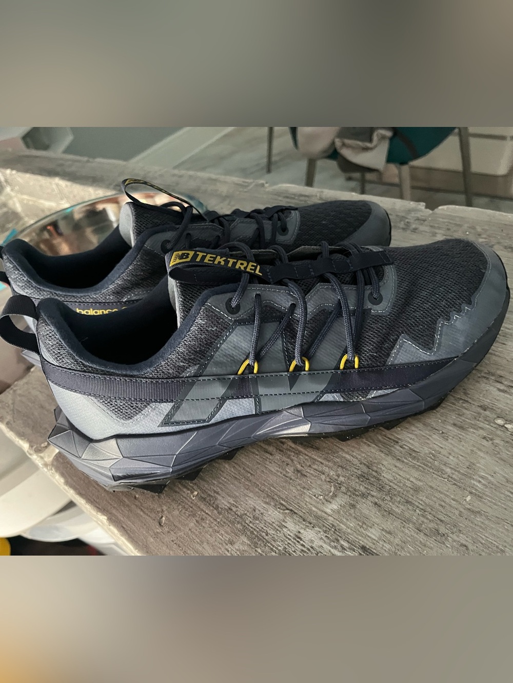 New Balance Tektrel 11.5 Men's Trail Shoe Navy Blue and Gray with Yellow Accents